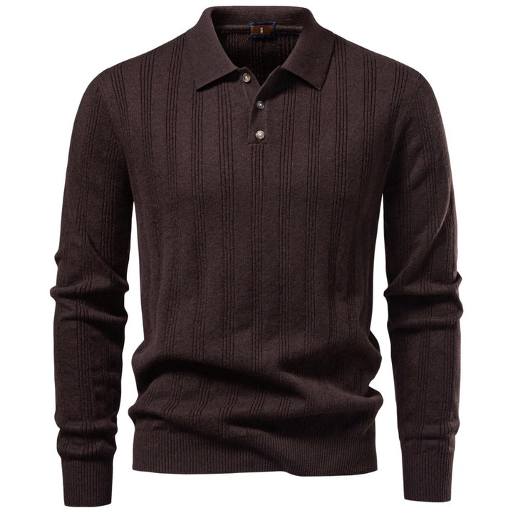 Herren Langarm-Feinstrick-Poloshirt mit Strukturstreifen und geripptem Saum Drune