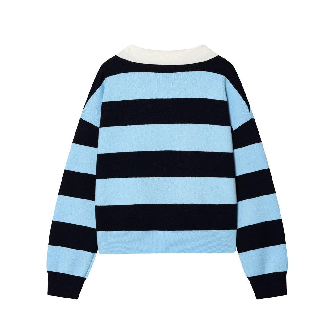 Damen nan gestreifter Rugby-Pullover mit Polokragen, V-Ausschnitt und kastiger Oversize-Silhouette Drune