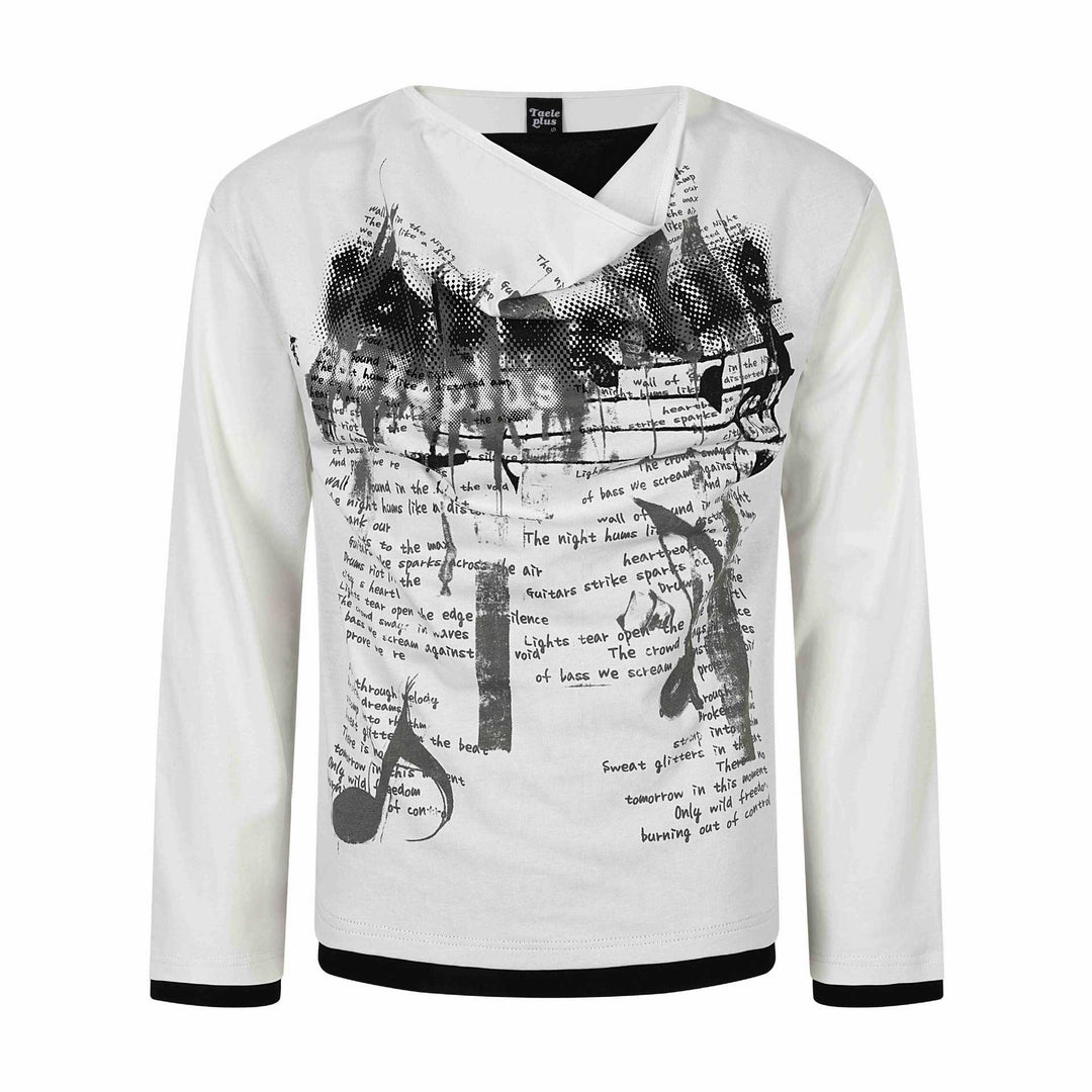 Damen Langarmshirt mit asymmetrischem Schlauchkragen und Grafik‑Music‑Print Drune