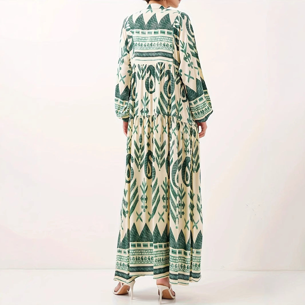 Damen Maxikleid mit kunstvollem geometrischen Muster und Knopfdetails Drune