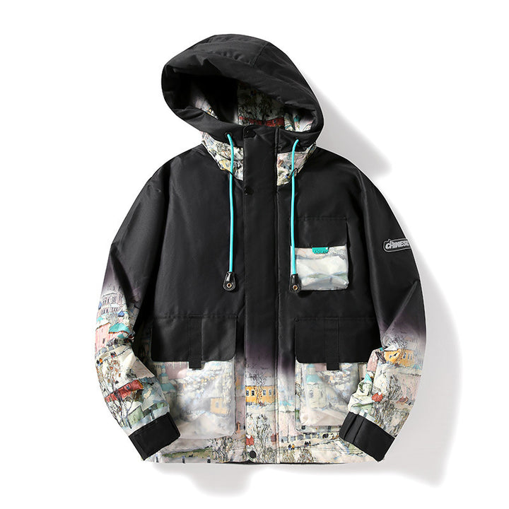 Unisex Kapuzenparka mit städtischem Fotoprint, transparenten Taschen und Kordelzug Drune