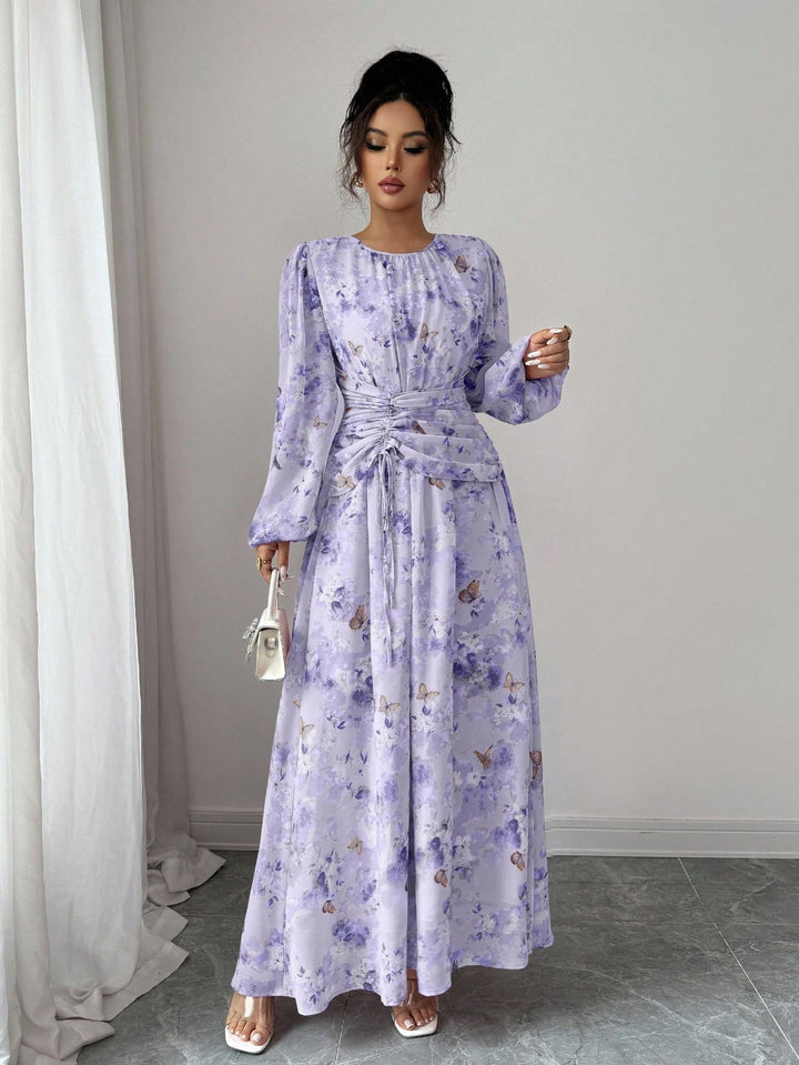 Damen Maxikleid mit floralem Schmetterlingsprint, geraffter Taillenpartie und langen Ballonärmeln Drune