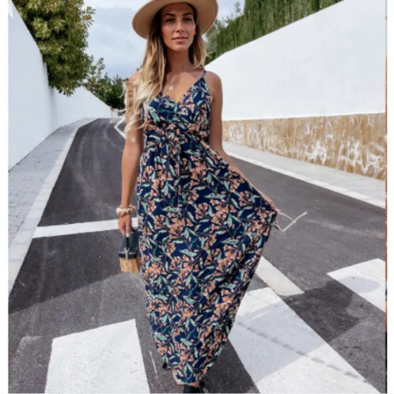 Damen Maxikleid mit floralem Wickel-Design und verstellbarem Bund Drune