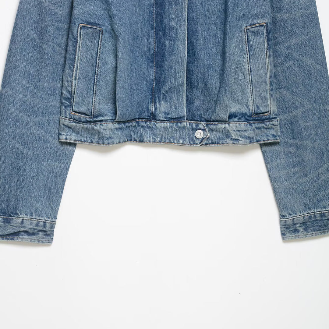 Damen Cropped Jeansjacke mit Epauletten, verdeckter Knopfleiste und Taillenriegel Drune
