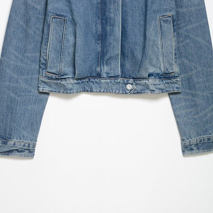 Damen Cropped Jeansjacke mit Epauletten, verdeckter Knopfleiste und Taillenriegel Drune