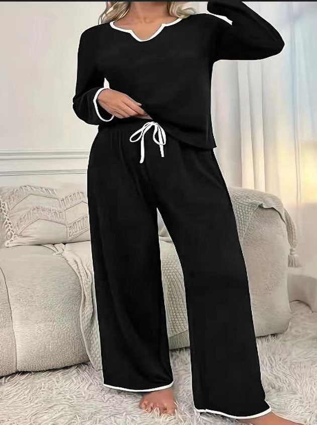 Damen Zweiteiliges Lounge-Set aus weichem Jersey mit V‑Ausschnitt, Langarm-Oberteil und weitem Palazzohosenbein Drune