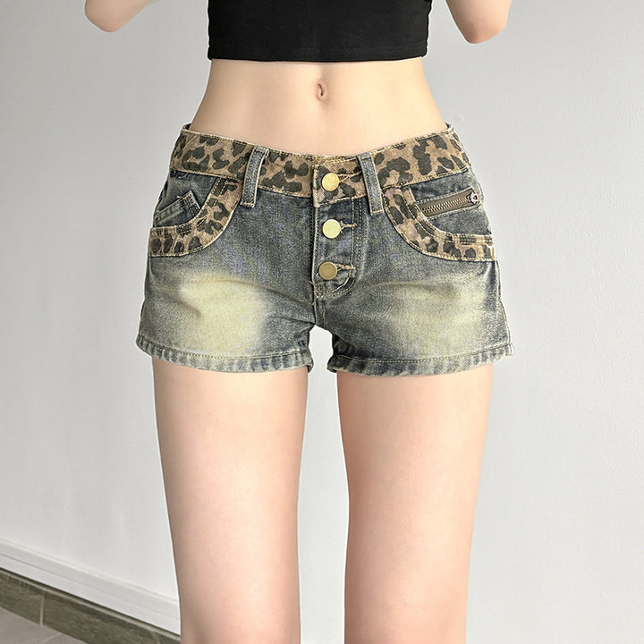 Damen Leoprint Denim-Shorts mit Knopfdetails und elastischem Bund Drune