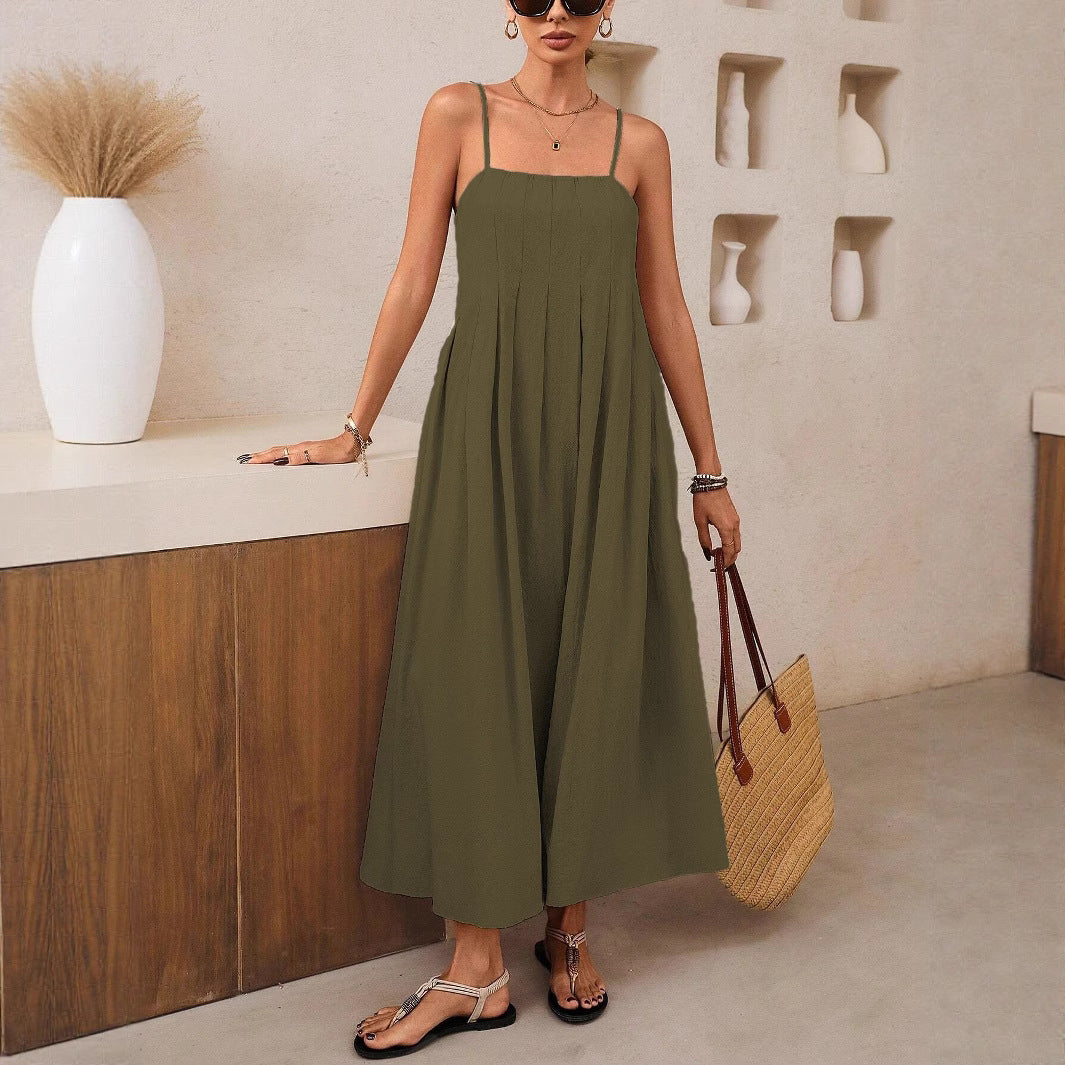 Damen Langärmliges Maxikleid mit Faltenwurf und Spaghettiträgern Drune
