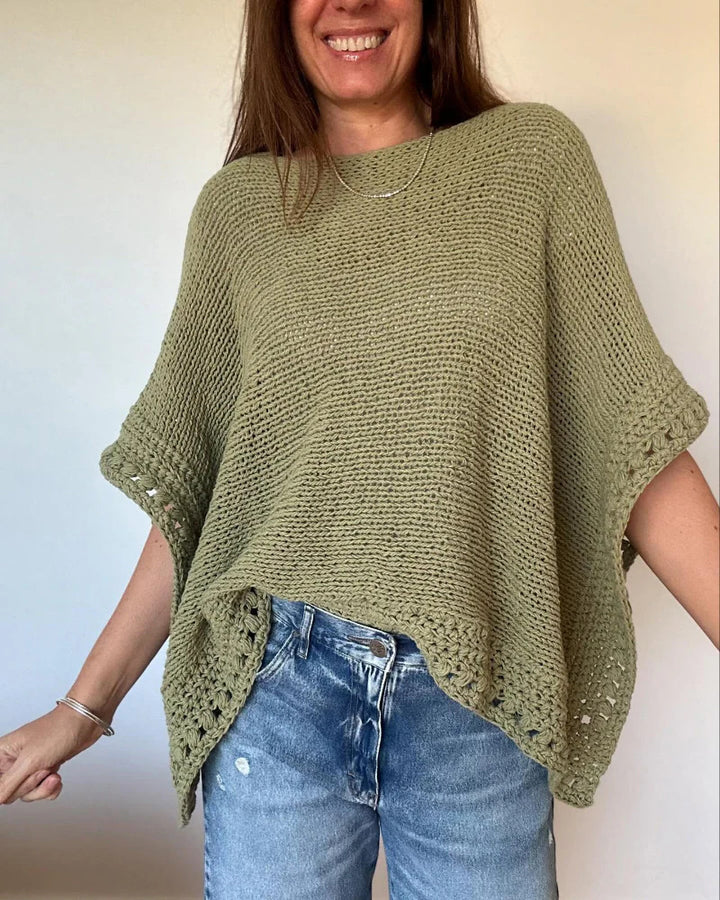 Damen Leichtes Oversize Strickponcho mit Häkelkante Drune