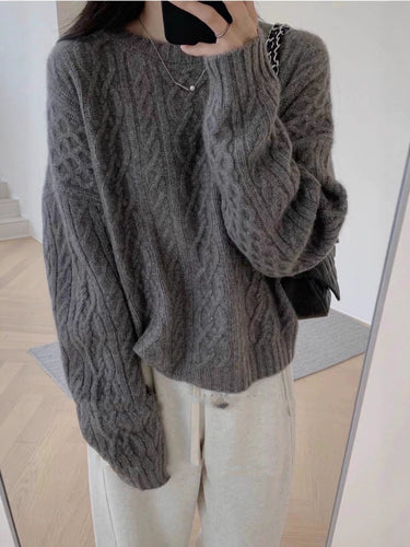 Damen Oversize Zopfmuster‑Pullover mit Rundhalsausschnitt und lässiger Schulterpartie Drune