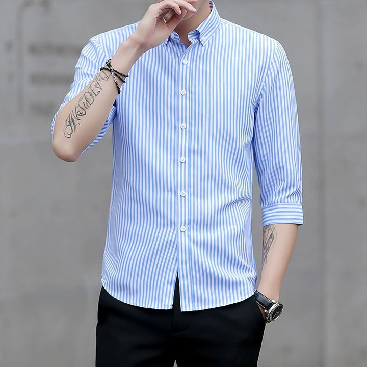 Herren Gestreiftes Button-Down-Hemd mit Kentkragen und Dreiviertelärmeln in tailliertem Casual-Schnitt Drune