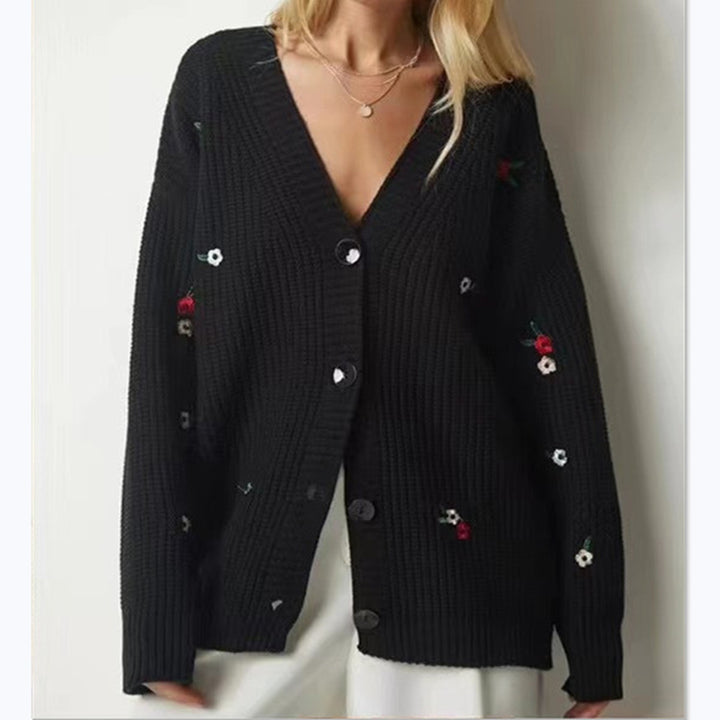 Damen Strickcardigan mit floralen Stickereien Drune