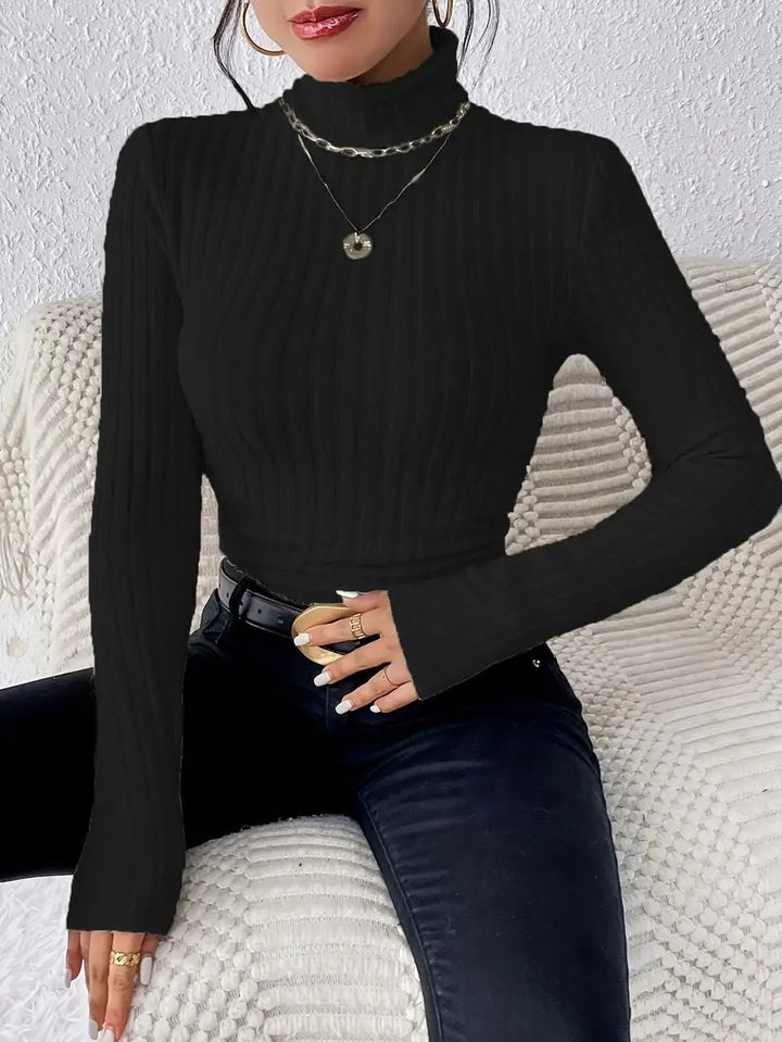 Damen Figurbetonter Rippstrick Rollkragenpullover mit tailliertem Schnitt Drune