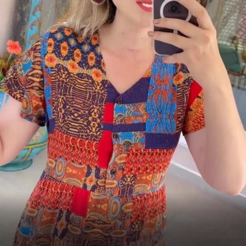 Damen nan gestuftes Midikleid mit V-Ausschnitt, kurzen Ärmeln und Patchwork-Optik Drune