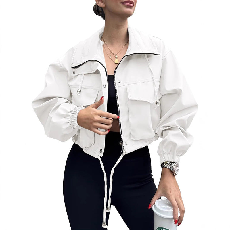 Damen kurze Utility-Jacke mit Kordelzug, Reißverschluss und aufgesetzten Taschen Drune