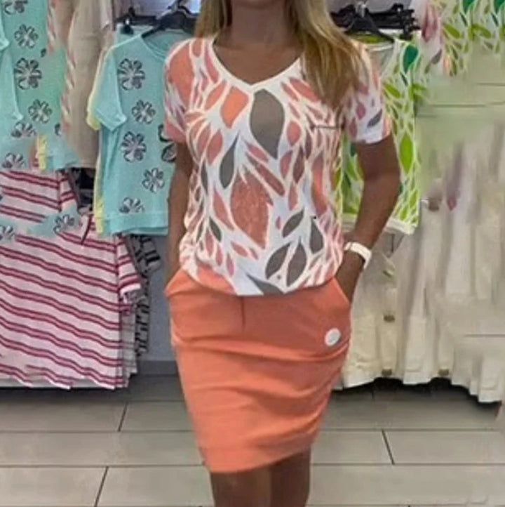 Damen nan lässiger Jersey-Zweiteiler mit bedrucktem V-Ausschnitt-Shirt und knielangem Bleistiftrock mit Eingrifftaschen Drune