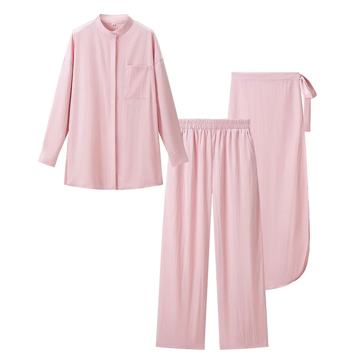 Damen nan luxuriöses Lounge-Dreiteiler-Set mit Oversize-Hemd, Elastikbund-Hose und Wickelrock Drune