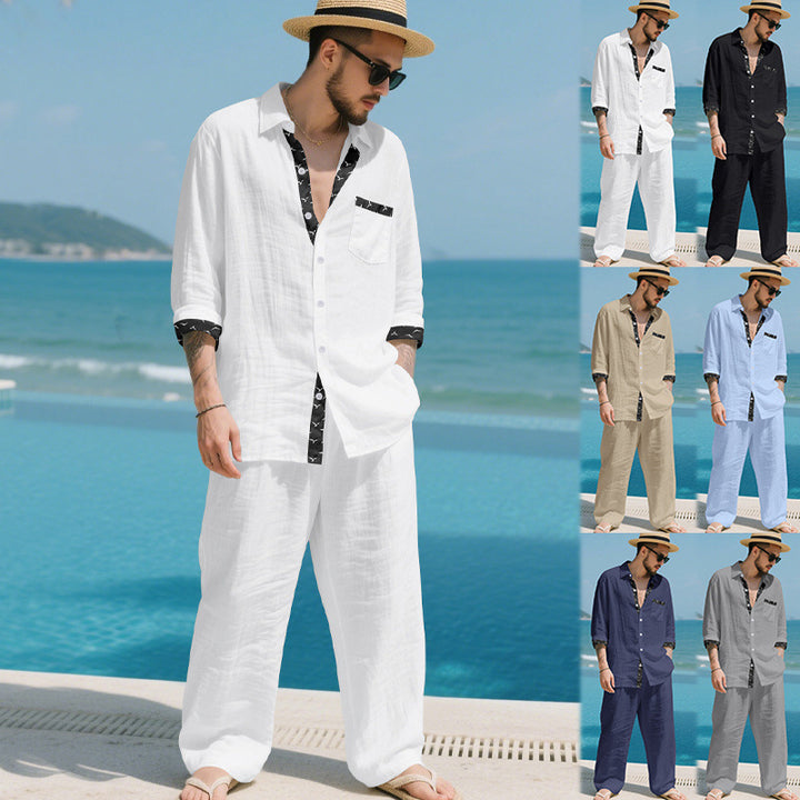 Herren Leinenoptik-Loungewear-Set mit Kordelzughose und offenem Hemdjacke Drune