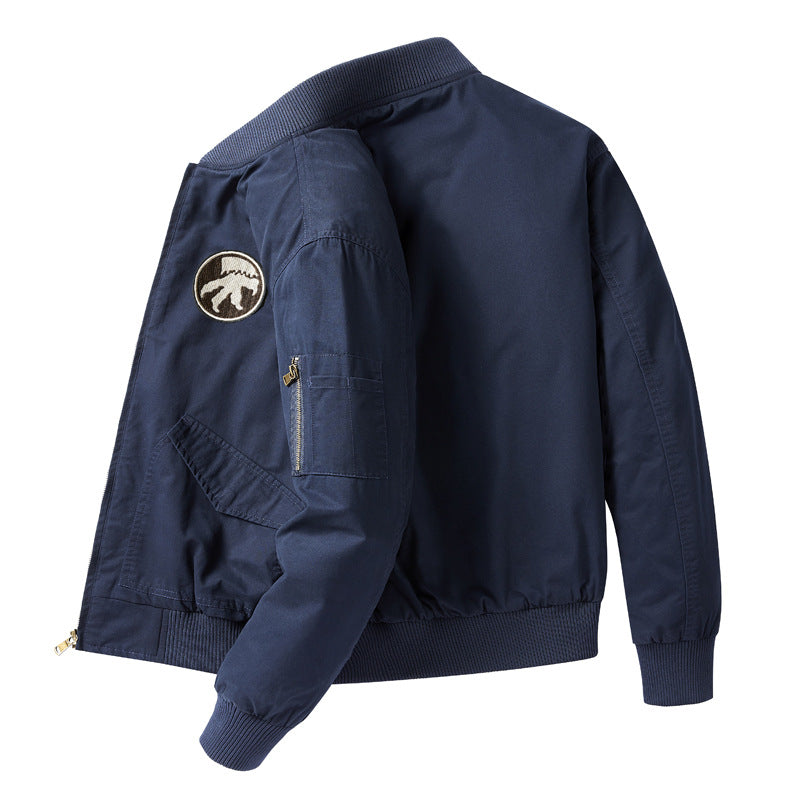 Men's  short-length flight bomber jacket with embroidered shoulder patch sleeve zip pocket and ribbed collar cuffs hem Drune