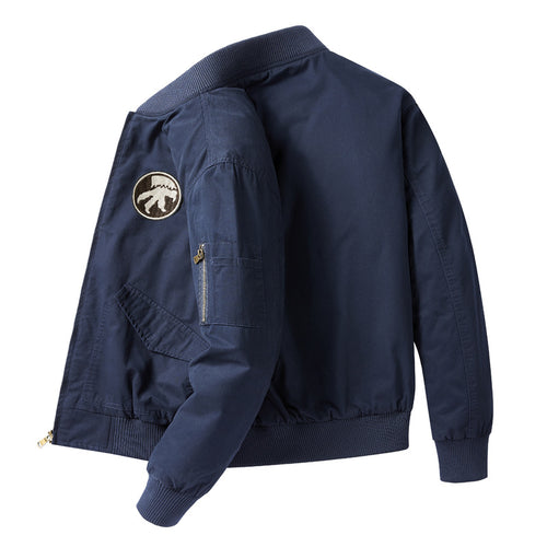 Men's  short-length flight bomber jacket with embroidered shoulder patch sleeve zip pocket and ribbed collar cuffs hem Drune