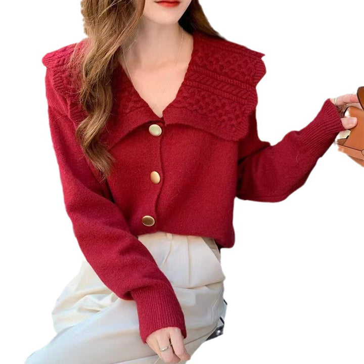 Damen Strickjacke mit breitem Kragen und dekorativen Knöpfen Drune