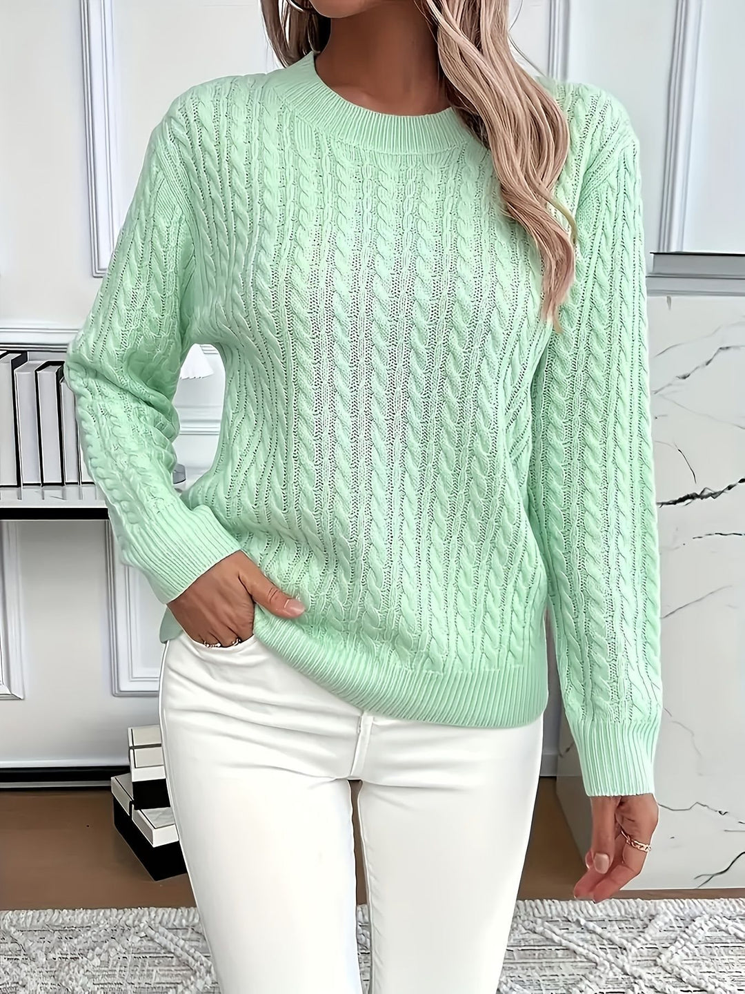 Damen Feinstrick-Pullover mit Zopfmuster und Rundhalsausschnitt Drune