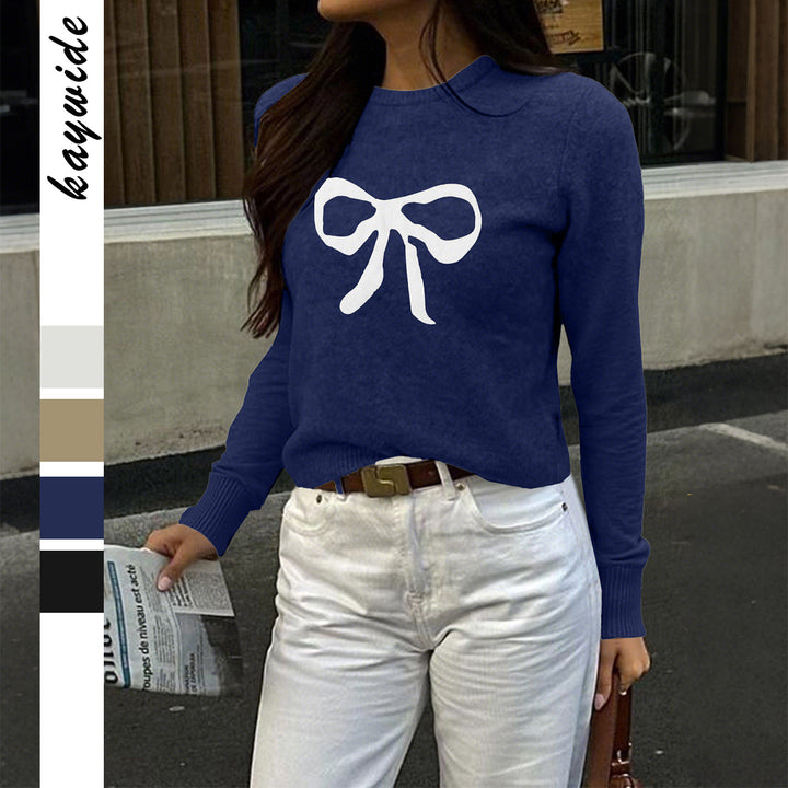 Damen nan Feinstrickpullover mit großem Schleifenprint, Rundhalsausschnitt und schmaler Passform Drune