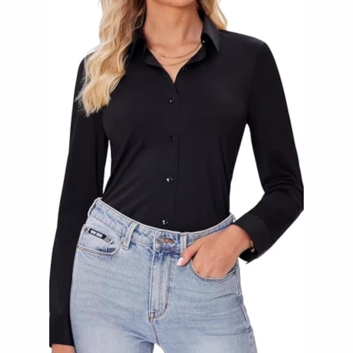 Damen Klassische Viskose-Stretch Hemdbluse mit Kentkragen und Manschetten Drune