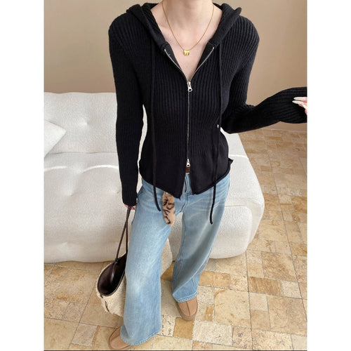 Damen lässige Strickjacke mit Kapuze und Reißverschluss Drune