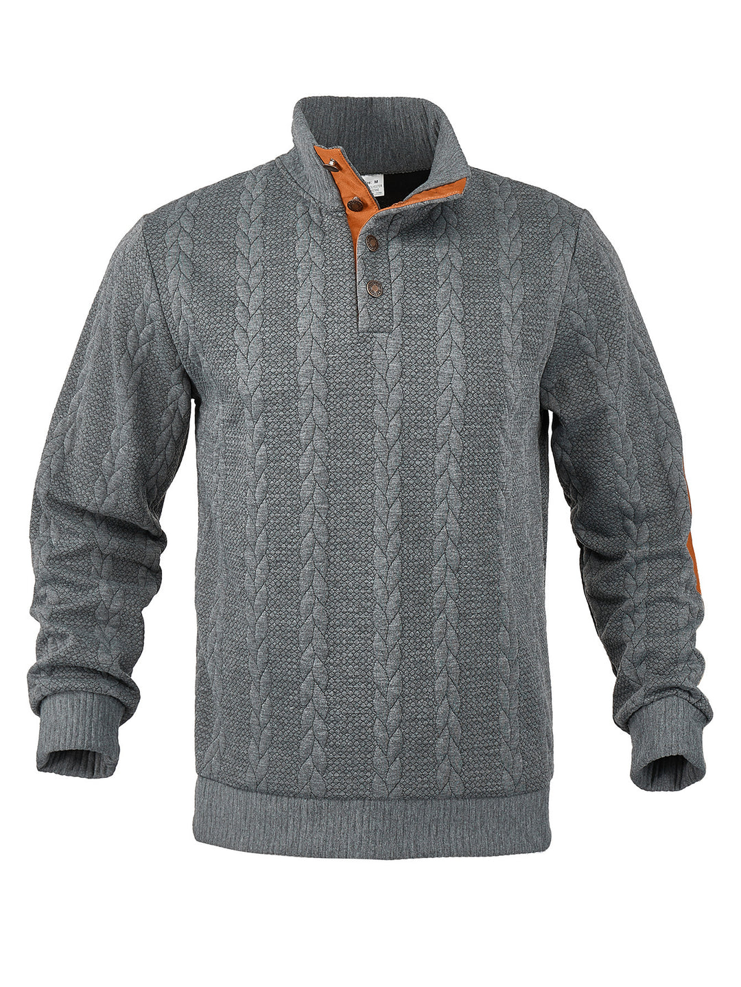 Herren nan Zopfmuster-Halbknopf-Pullover mit hohem Stehkragen und Wildleder-Ellbogenpatches Drune