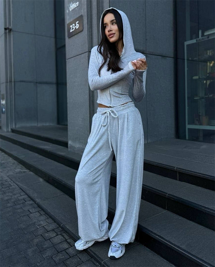 Damen Lounge-Set mit taillierter Kapuzenjacke und extraweiter Palazzo-Jogginghose Drune
