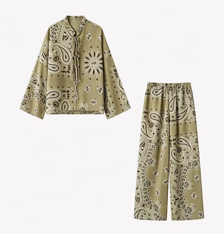 Damen Zweiteiliges Satinoptik-Lounge-Set mit Paisley-Print, Kimonokragen-Bluse und weiter Culotte-Hose Drune