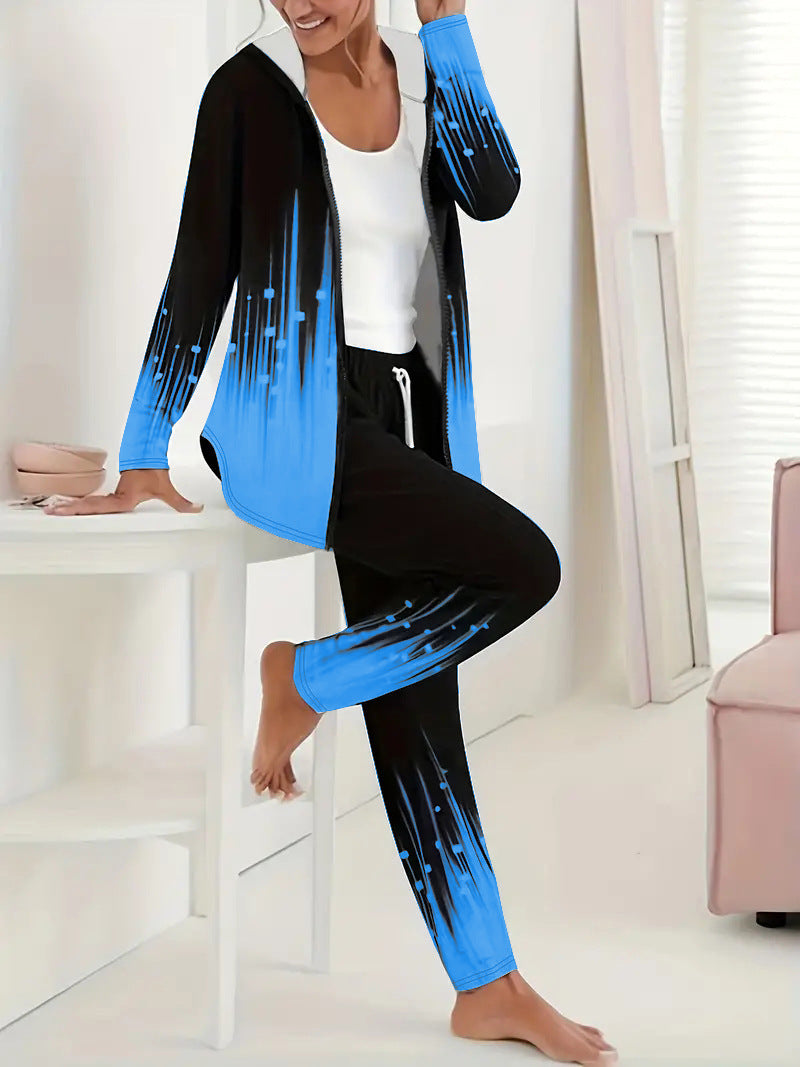 Damen Zweiteiliges Lounge-Set mit Kapuzenjacke und Tunnelzug-Jogginghose mit digitalem Verlaufprint Drune