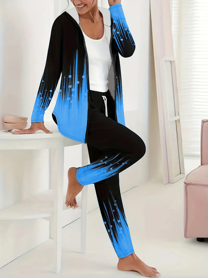 Damen Zweiteiliges Lounge-Set mit Kapuzenjacke und Tunnelzug-Jogginghose mit digitalem Verlaufprint Drune