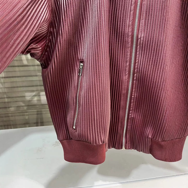 Damen nan plissierte Kunstleder-Bomberjacke mit Reißverschluss, Hemdkragen und elastischen Rippbündchen Drune