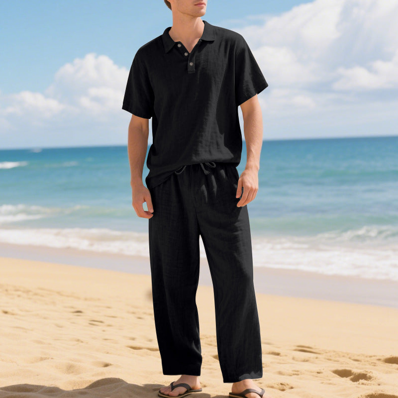 Herren nan luftiges Leinen-Ensemble mit Polokragen und regulierbarer Bundhose Drune