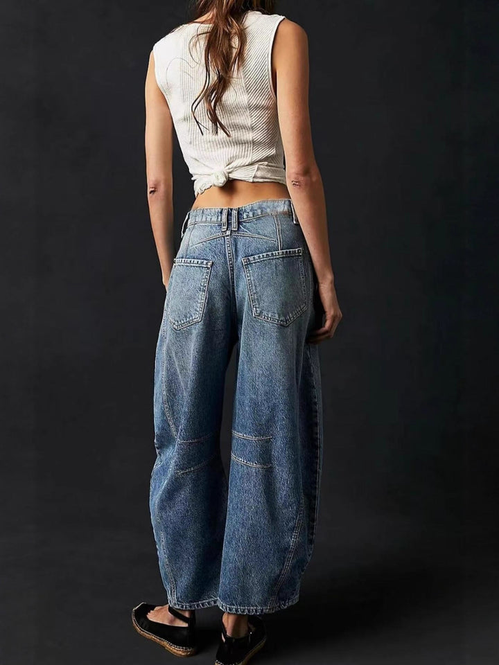 Damen Lässige Weite Denim-Hose mit Tunnelzug Drune