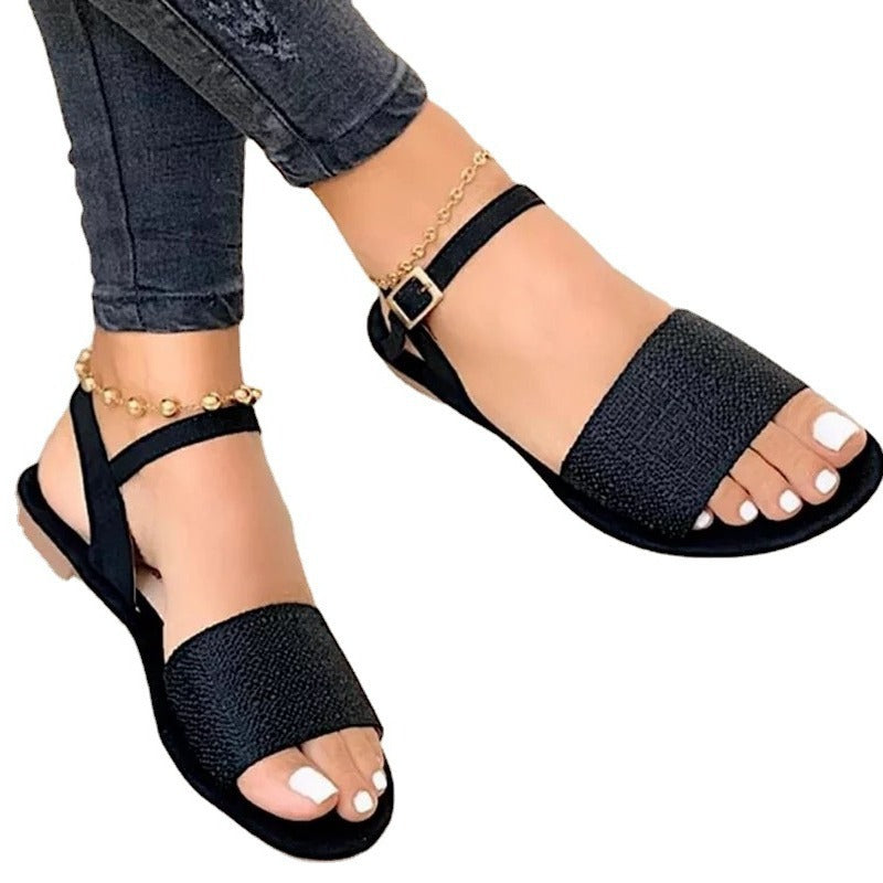 Damen nan flache Sandalette mit breiter Strassbandage und verstellbarem Knöchelriemen Drune