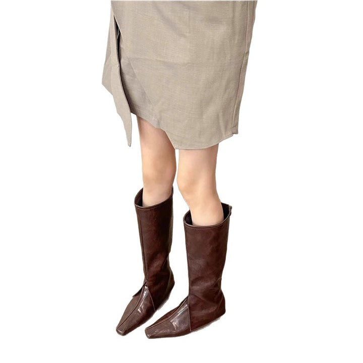 Damen Knielange Lederoptik-Stiefel mit quadratischer Zehenpartie und flacher Sohle Drune