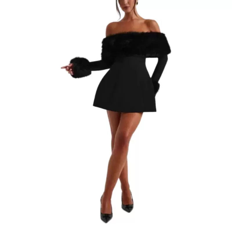 Damen Mini-Kleid mit elegantem schulterfreiem Design und luxuriösen Kunstfell-Akzenten Drune