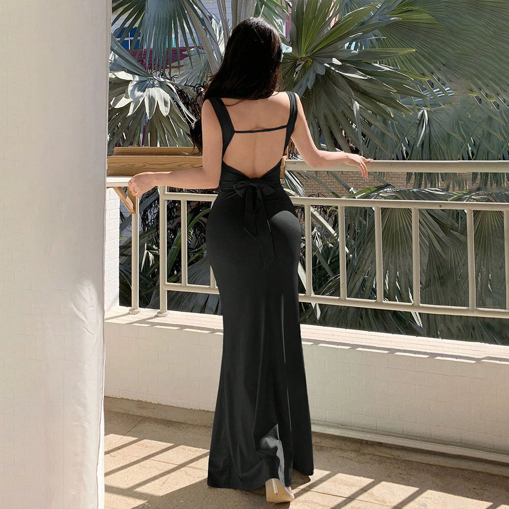 Damen elegantes Abendkleid mit raffinierten Rücken-Ausschnitten und dekorativem Bindebund Drune