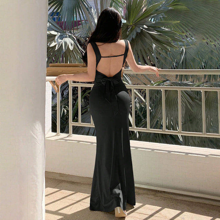 Damen elegantes Abendkleid mit raffinierten Rücken-Ausschnitten und dekorativem Bindebund Drune