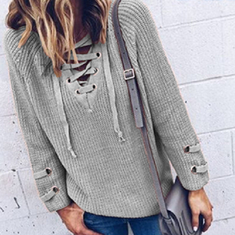 Damen Lässiger Strickpullover mit dekorativem Schnürdesign und weiten Ärmeln Drune