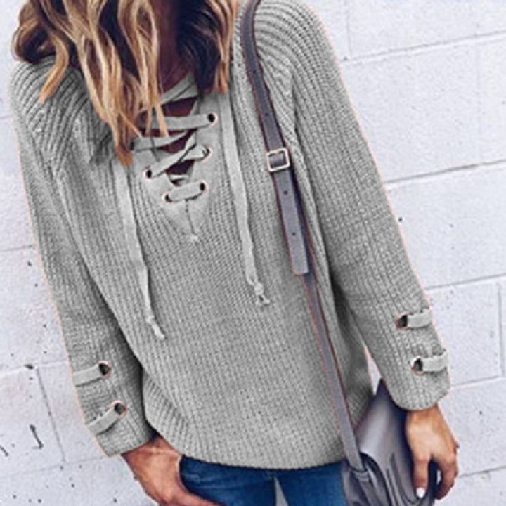 Damen Lässiger Strickpullover mit dekorativem Schnürdesign und weiten Ärmeln Drune