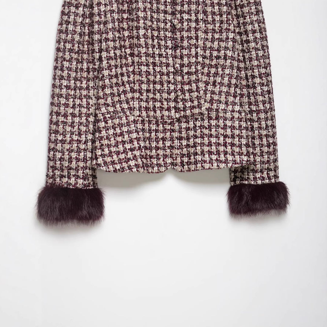 Damen Kurze Bouclé-Tweedjacke mit Stehkragen und Kunstpelzmanschetten Drune