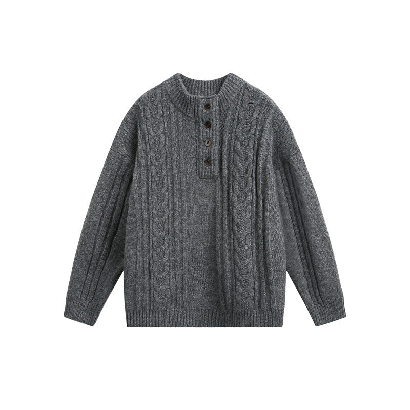 Damen Grobgestrickter Zopf‑Strickpullover mit Henley‑Knopfleiste und Stehkragen Drune