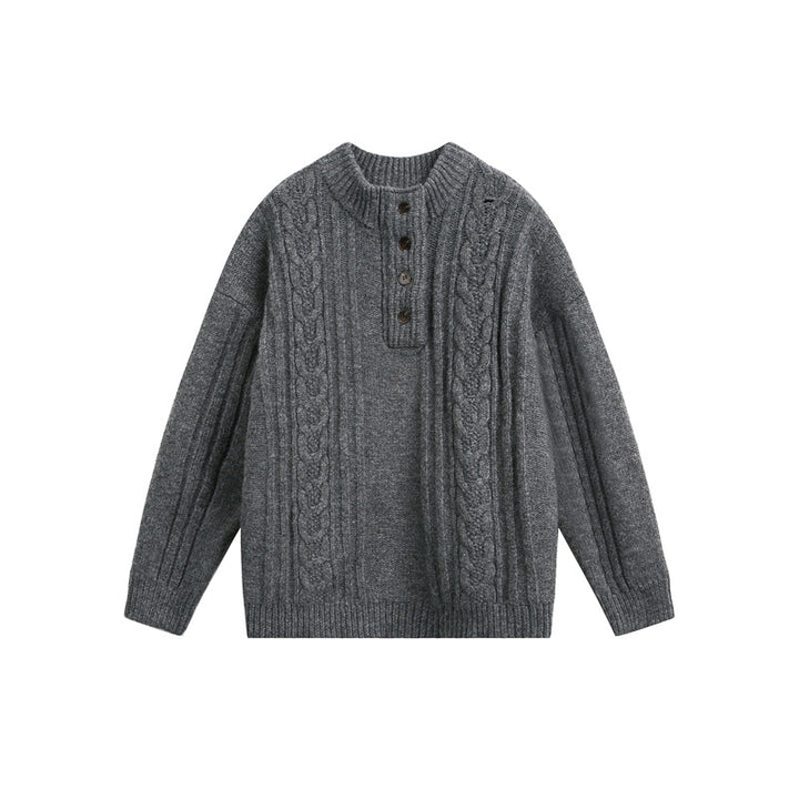 Damen Grobgestrickter Zopf‑Strickpullover mit Henley‑Knopfleiste und Stehkragen Drune
