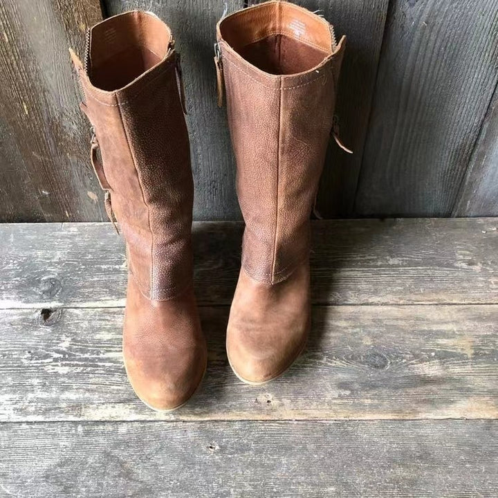 Damen Mid-Cut Stiefel aus vintage Leder mit seitlichem Reißverschluss und niedrigem Blockabsatz Drune