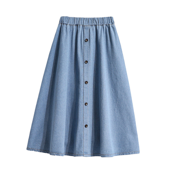 Damen Langer Denim-Rock mit dekorativen Druckknöpfen Drune