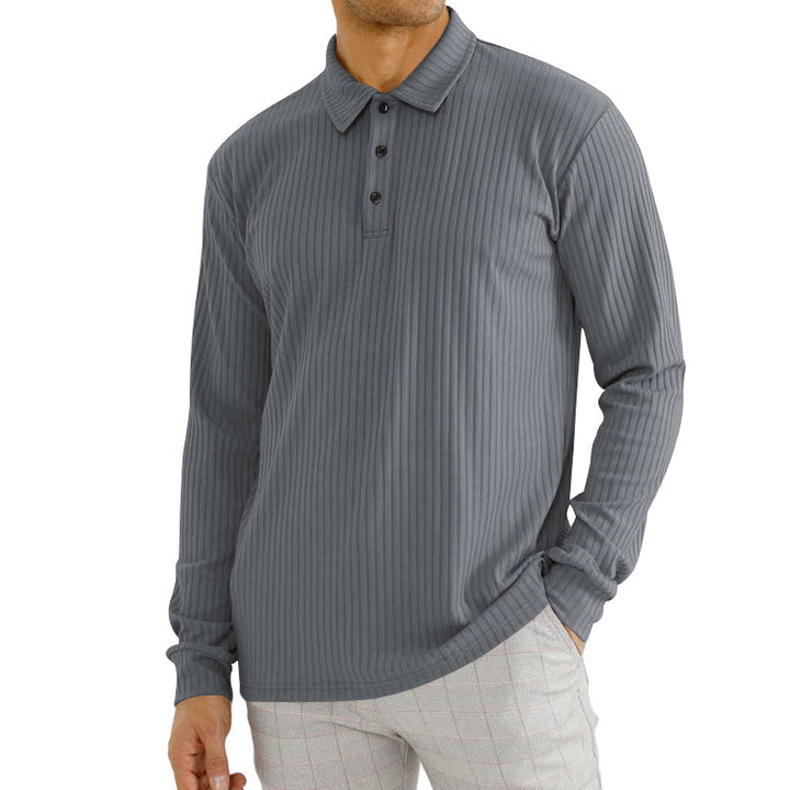 Herren nan geripptes Langarm-Poloshirt mit feiner Rippenstruktur, klassischem Kragen und elastischem Saum Drune